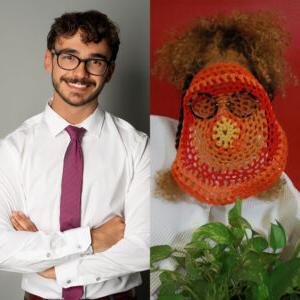 Jaspa Ureña stands behind a leafy green plant and has an orange, red, and yellow crocheted circle and a pair of round black glasses over their face. Ureña has curly light brown hair and wears a white sweater. Diego Borgsdorf Fuenzalida has short wavy dark brown hair and wears a white collared shirt with a purple tie.